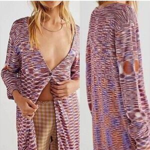 Free People Into The Night LS Tunic Cardigan Sweater Purple Multicolor. Small